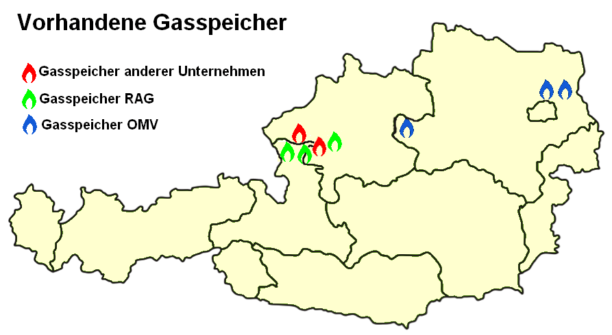 Österreich Karte mit eingezeichneten Gasspeicher