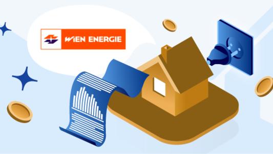 Wien Energie Logo mit  Rechnung, Münzen und Haus