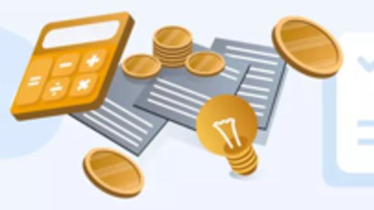 Strompreis Österreich: Gelbe Münzen, gelbe Glühbirne und Taschenrechner