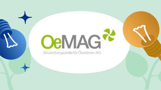 OeMAG Logo mit gelber und blauer Glühbirne
