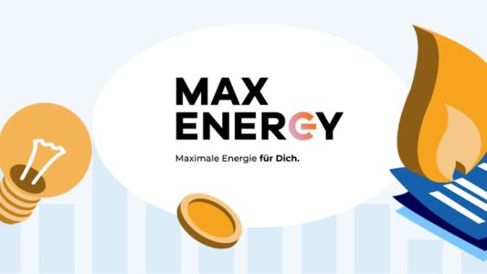 Maxenergy Logo, Glühbirne und Gasflamme auf einem Vertrag, um sich anzumelden