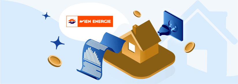 Wien Energie Logo mit  Rechnung, Münzen und Haus