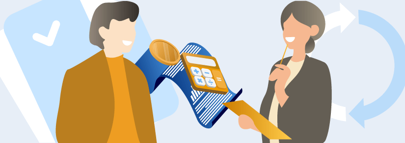 Zwei Personen mit gelben Taschenrechner und Grundversorgungsvertrag