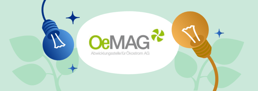 OeMAG Logo mit gelber und blauer Glühbirne