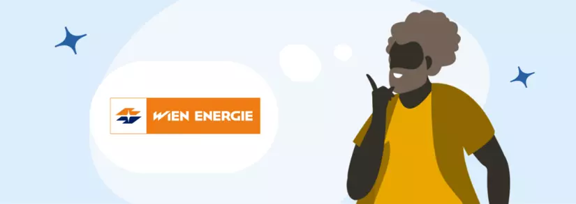 Frau schaut auf Wien Energie Logo