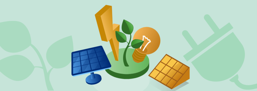 Solaranlagen mit Sonnenschein und grüner Pflanze