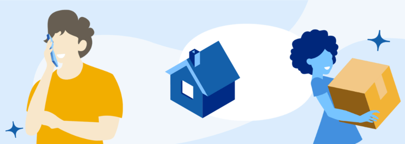 Blaues Haus und zwei Personen, die getrennt voneinander stehen