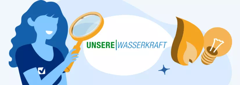 Frau mit Lupe, Unsere Wasserkraft Logo betrachtend