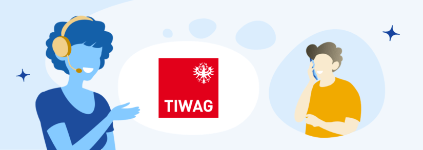 Tiwag Logo und zwei Personen, die den Tiwag Kontakt aufsuchen