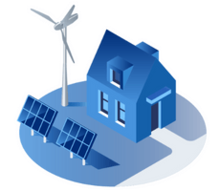 Haus mit blauer Solar- und grauer Windkraftanlage
