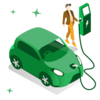 Grünes Elektroauto an Ladestation