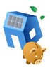 Voltino Strom Einspeisetarif Gelbes Sparschwein mit blauem Haus mit Solaranlage